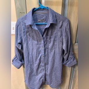 Dusty gray blue button up pRana tunic shirt with 3/4 sleeves